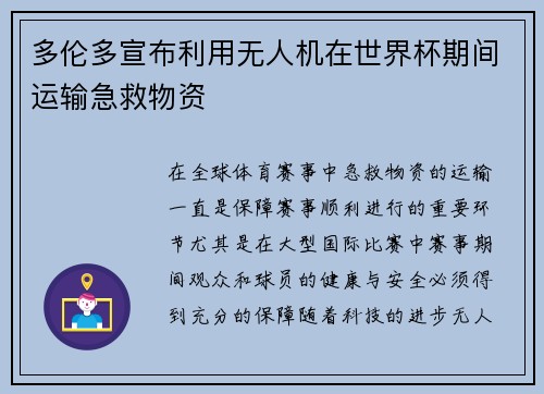 多伦多宣布利用无人机在世界杯期间运输急救物资 多伦多宣布利用无人机在世界杯期间运输急救物资